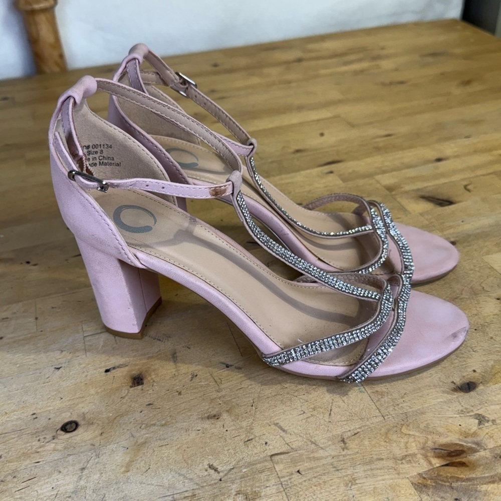 Pink Rhinestone T-Strap Block Heel Sandals Size 8 - Picture 6 of 13